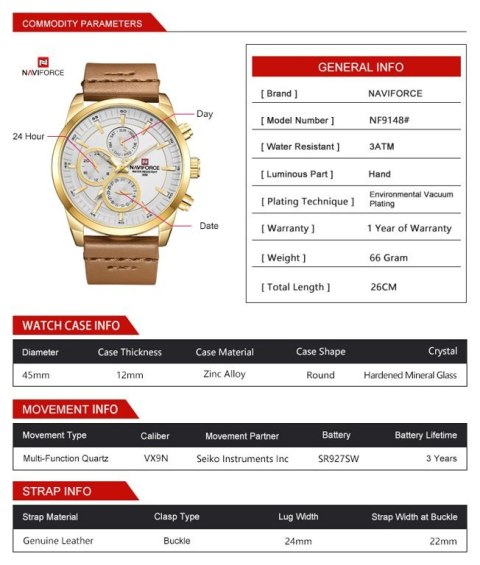 ZEGAREK MĘSKI NAVIFORCE - NF9148 (zn085b) gold + BOX Naviforce