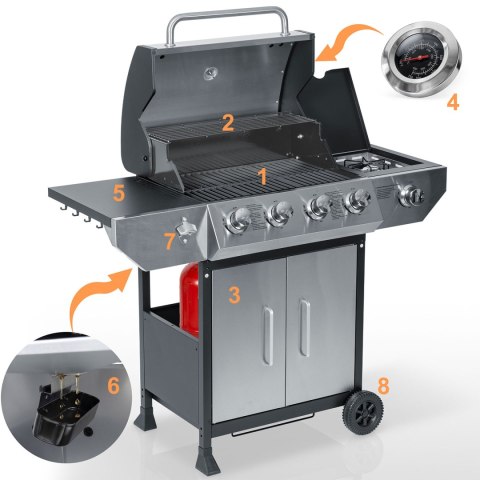 Grill gazowy ogrodowy żeliwny ruszt z pokrywą 4+1 palniki Berdsen BD-896