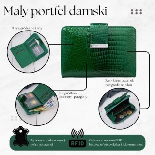 Portfel damski skórzany lakierowany mały zielony z tłoczeniem croco z RFID SP-26-CGR