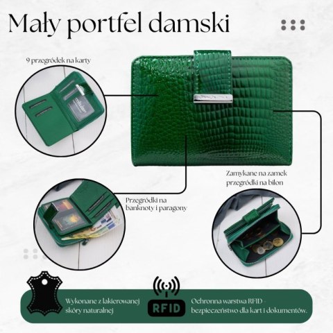 Portfel damski skórzany lakierowany mały zielony z tłoczeniem croco z RFID SP-26-CGR