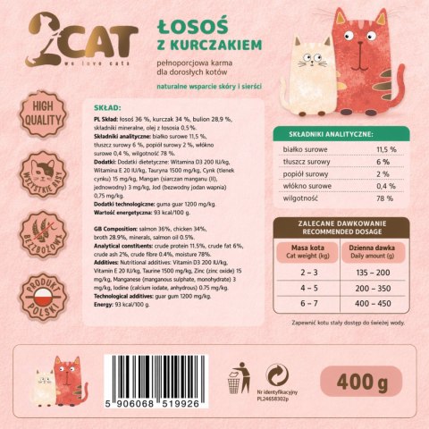 KARMA MOKRA DLA KOTA 2Cat Łosoś Kurczak 98,9% MIĘSA PREMIUM 400g BEZ ZBÓŻ