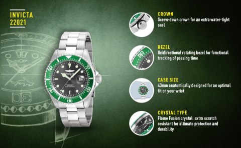 ZEGAREK MĘSKI INVICTA PRO DIVER 22021 - WODOSZCZLNOŚĆ 200m, koperta 43mm Invicta