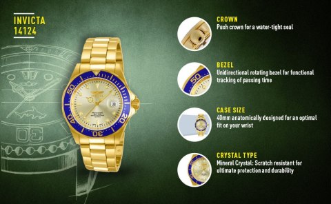ZEGAREK MĘSKI INVICTA PRO DIVER 14124 - WR200, koperta 40mm (zv009a) Invicta