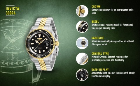 ZEGAREK MĘSKI INVICTA DIVER PROFESSIONAL 30094 - AUTOMAT WR200, koperta 42mm (zv004d) Invicta